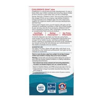 Nordic Naturals Children's DHA xtra supplement packaging, featuring a white and red text panel with product information and a blue and white soft gel packet at the bottom.
