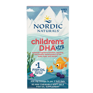 Nordic Naturals Children's DHA extra fish oil supplement box, featuring a light blue and white mountain and ocean design with cartoon fish and text indicating 90 mini chewable soft gels.