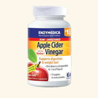 A white plastic bottle of Enzymedica Apple Cider Vinegar dietary supplement with a white cap, featuring a colorful label with red, yellow, and blue sections, and an illustration of a red apple.