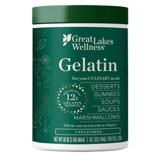 Green container of Great Lakes Wellness Gelatin on a white background